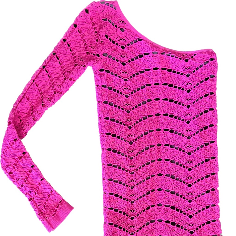 Bebe Fuchsia Crochet Lace One Shoulder Bodycon Dress, Size S